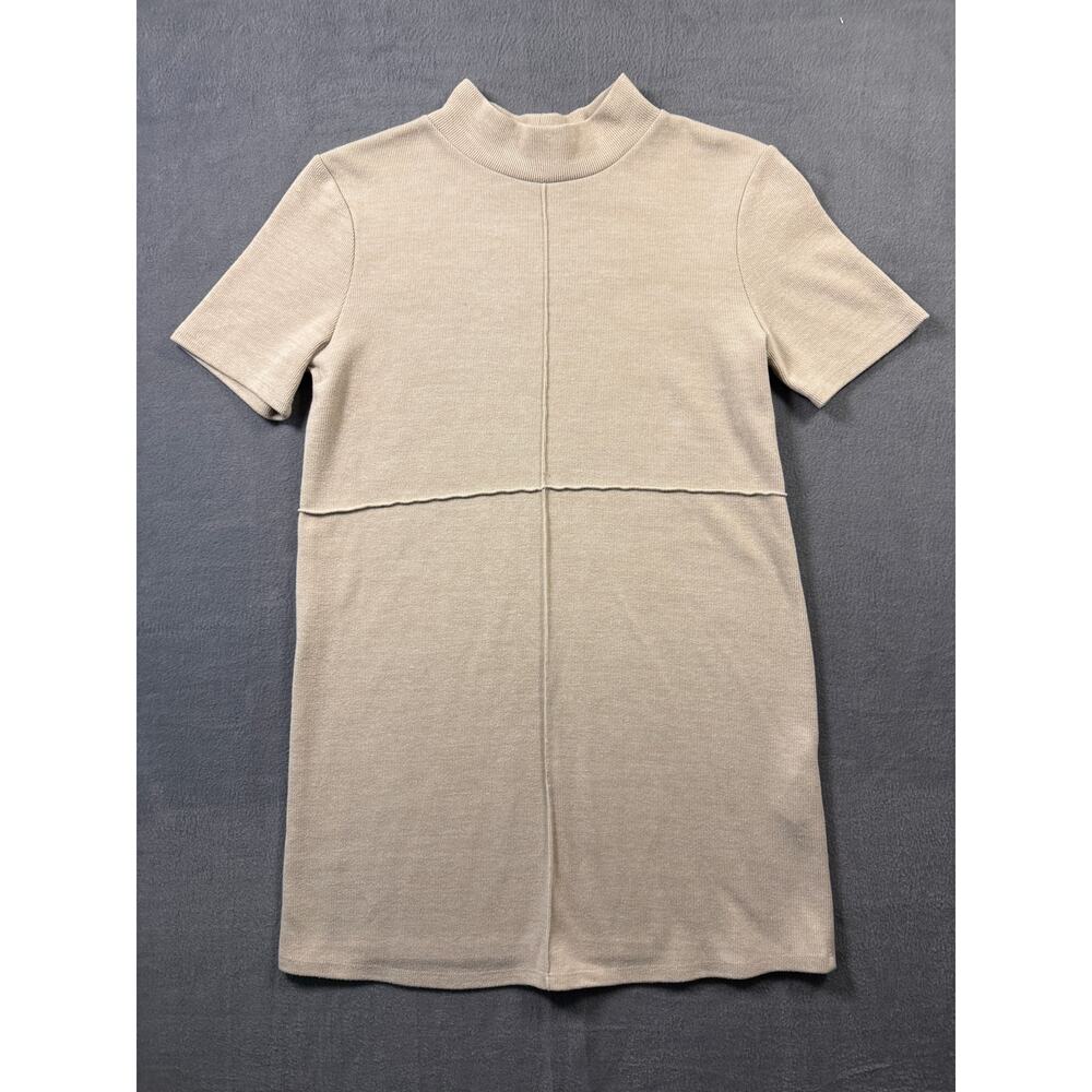 Zara Mock Neck Ribbed T-Shirt Dress Beige Shift Size Medium Women's Work Casual